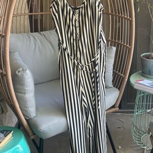 Cotton On Navy and White Wide Leg Striped Jumpsuit/Romper with Wrap Detail